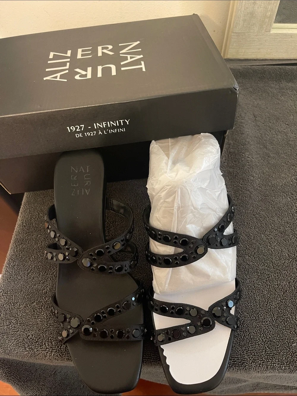 Black Embellished Slide Sandals by Naturalizer 8W, kimi. Beautiful sandals
